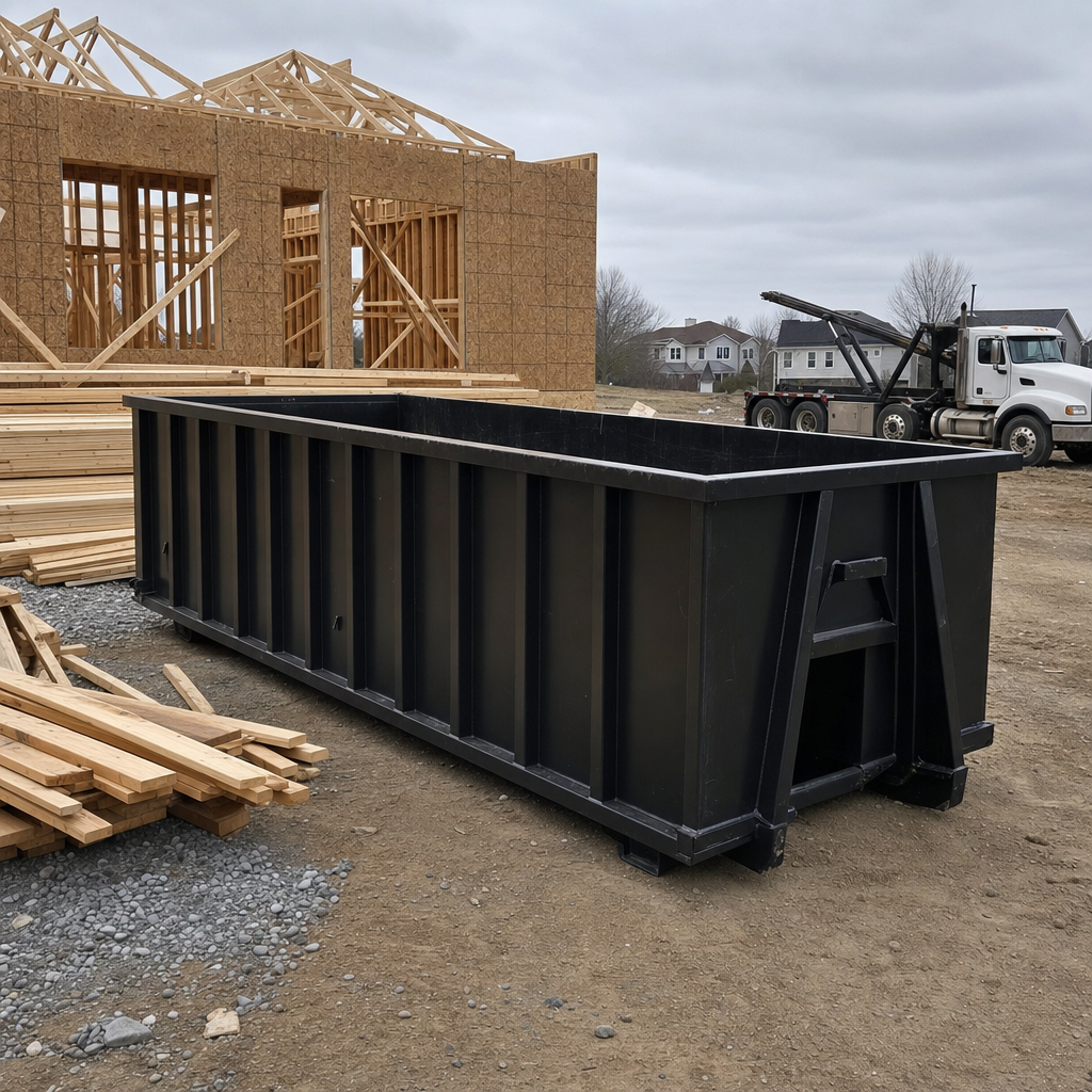 Matte-black 40-yard roll-off dumpster staged on a framed-out residential construction site in Prairieville, framing lumber stacked nearby, hooklift delivery truck visible in the background under bright Colorado daylight