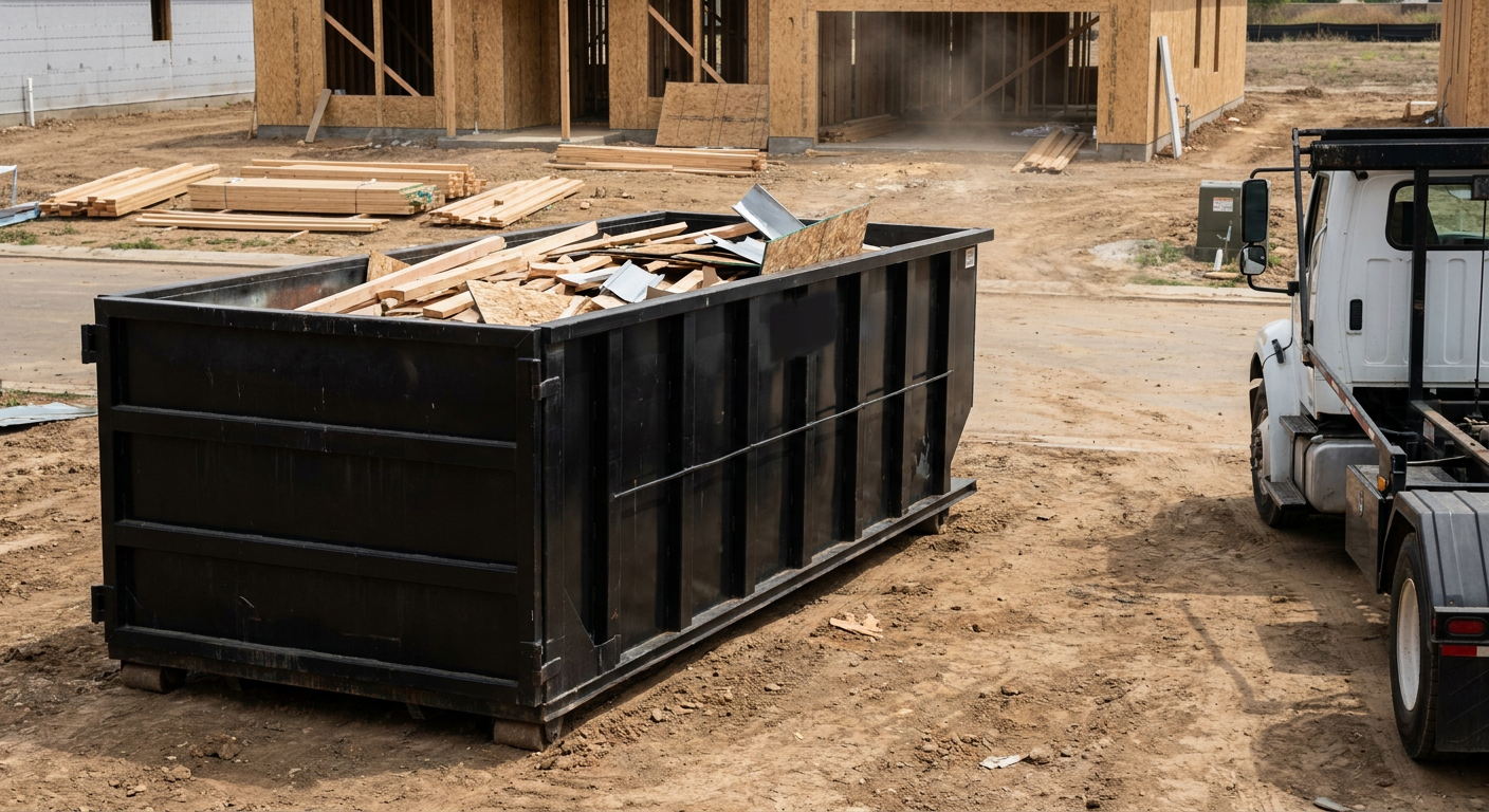 Matte-black 20-yard roll-off construction dumpster with heavy ribbed steel sidewalls and swing rear doors at a working jobsite in Prairieville, sitting directly on compacted dirt with an unmarked white hauler partially visible at the far edge of the frame.