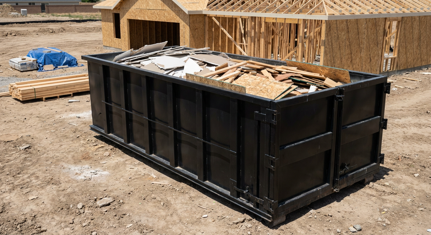 Matte-black 30-yard roll-off construction dumpster sitting directly on the compacted-dirt site of a framed single-family home build in Prairieville, drywall and lumber scrap loaded inside.