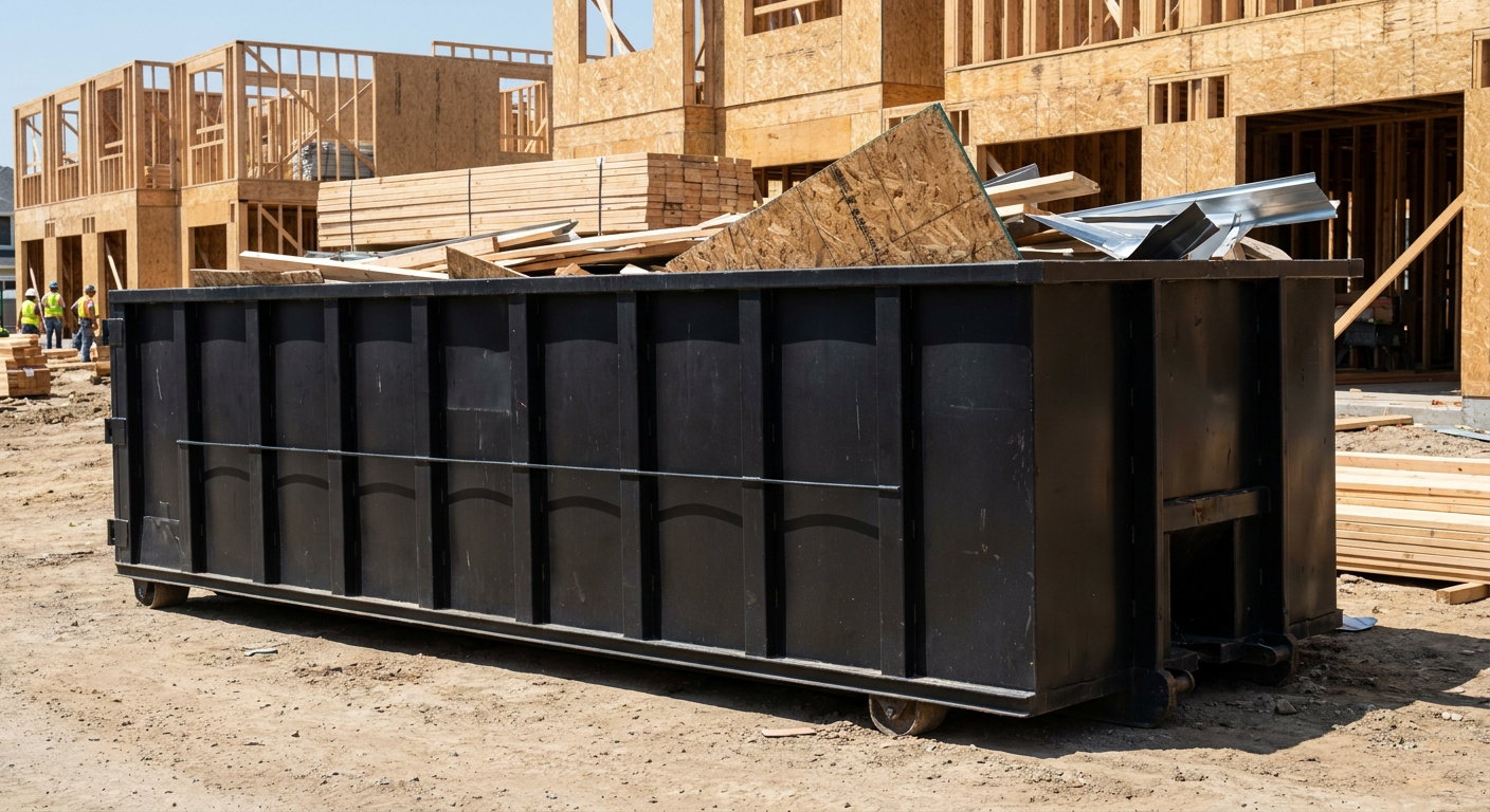 Matte-black 40-yard roll-off construction dumpster being lowered from a white-cab hooklift delivery truck onto the compacted-dirt jobsite at a commercial build site in Prairieville