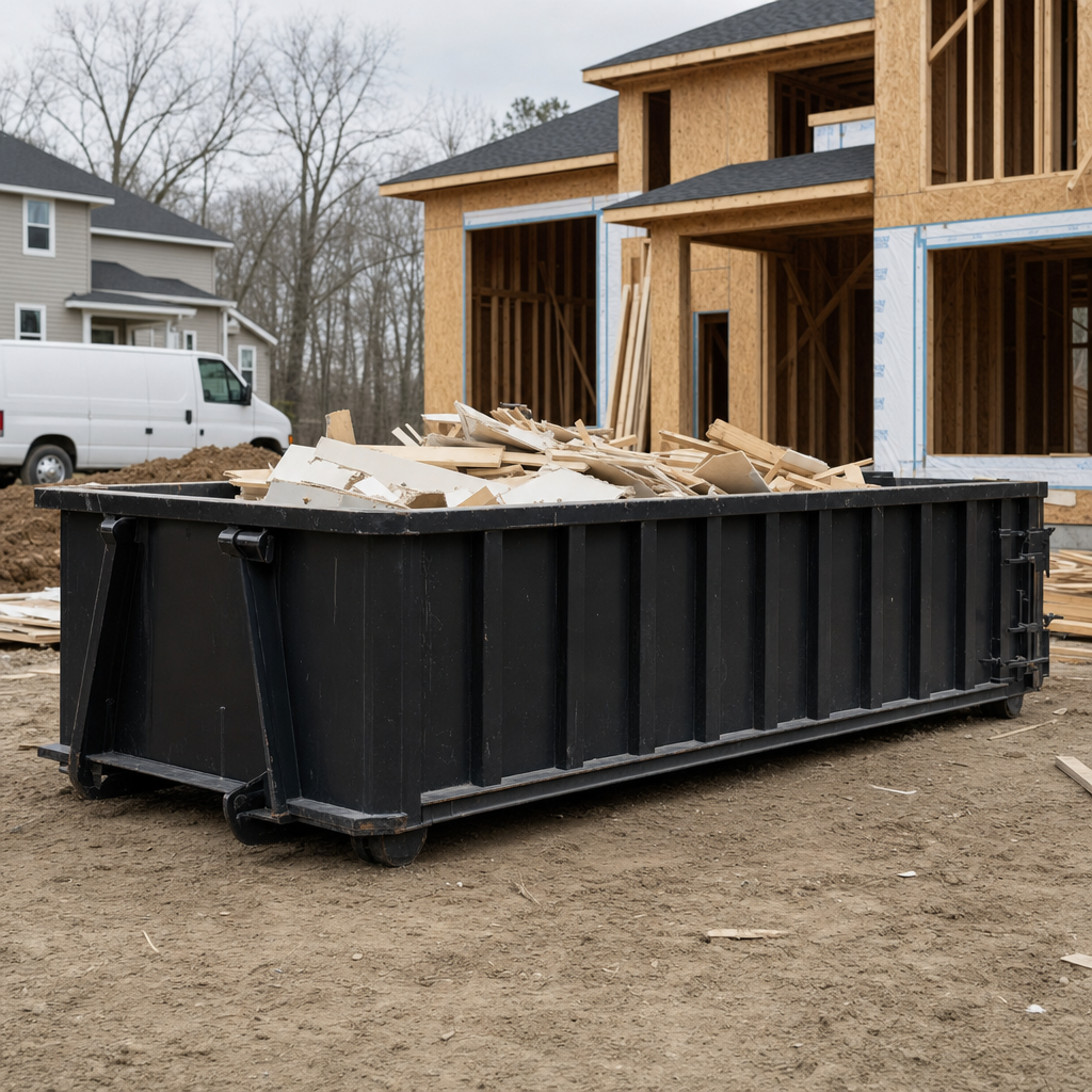 Worker in a yellow high-visibility vest tossing framing lumber and broken drywall into a matte-black 30-yard construction roll-off dumpster on an active build site in Prairieville, bright daylight