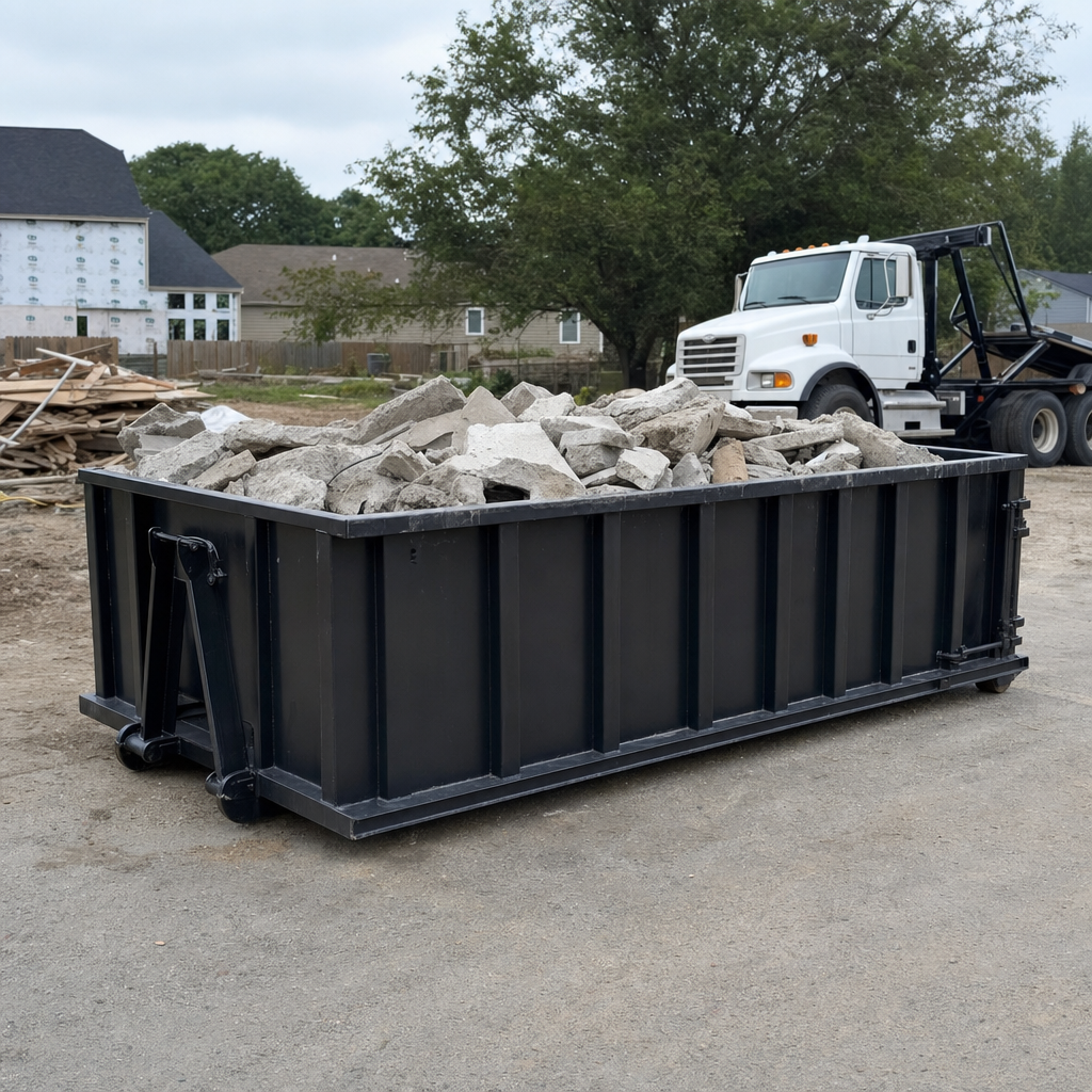 Low-profile matte-black lowboy roll-off dumpster loaded with broken concrete slab and rebar at a foundation tear-out in Prairieville, skid steer parked beside it, sunny Colorado morning