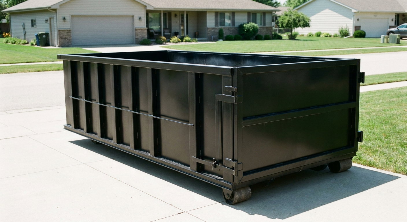 Matte-black 10-yard roll-off dumpster on a residential concrete driveway in Prairieville, uniformly painted matte black across every panel and rail, ribbed steel sidewalls and rear swing door visible, mid-day daylight.