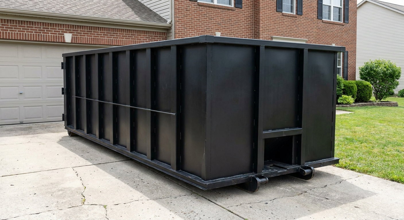 Matte-black 20-yard roll-off container on a Prairieville residential concrete driveway with reinforced ribbed steel sidewalls and a hinged rear walk-in door, clean bright daylight.