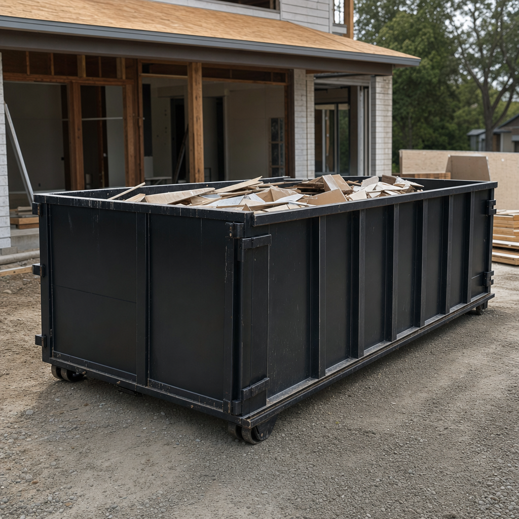 Large matte-black 30-yard construction roll-off dumpster at an active Prairieville jobsite, steel-gray top rails and bottom rollers visible, loaded with construction debris.