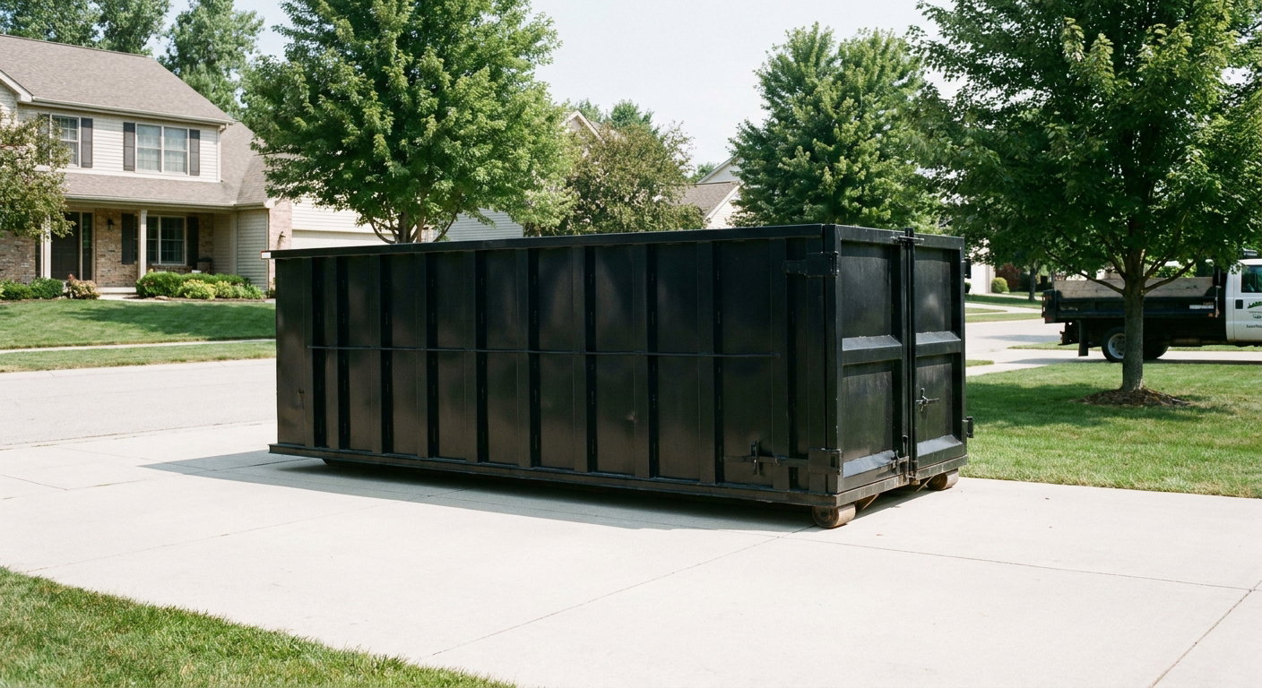 Matte-black 20-yard roll-off dumpster sitting level on a clean Prairieville residential concrete driveway under bright daylight, demonstrating clean placement directly on the concrete.