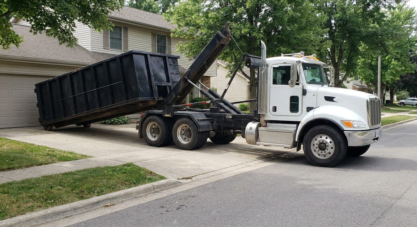 White-cab hooklift roll-off truck actively lowering a matte-black dumpster onto a Prairieville residential concrete driveway, the dumpster's rear wheels touching the driveway as the hoist arm tilts the bed forward, mid-morning daylight.