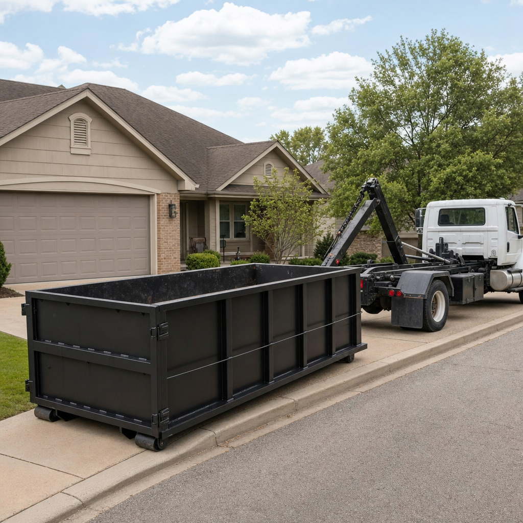 Wide documentary shot of a matte-black roll-off dumpster on a Prairieville residential driveway in the foreground and a contractor jobsite container in the soft-focus background, bright daylight, calm and orderly composition.