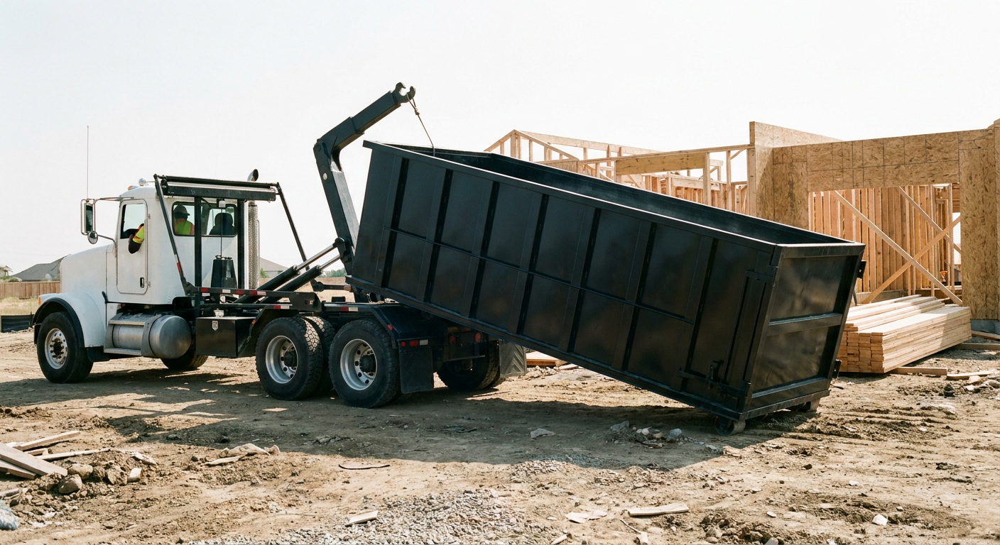 Matte-black roll-off dumpster being delivered onto a clean residential concrete driveway in Prairieville by an unmarked white hooklift hauler truck, bright morning daylight, documentary 35mm perspective.