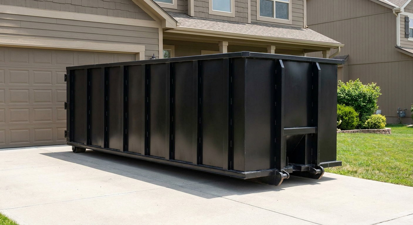 Matte-black residential roll-off dumpster sitting directly on a suburban Prairieville concrete driveway, garage door closed, single-family home in background, bright morning daylight.