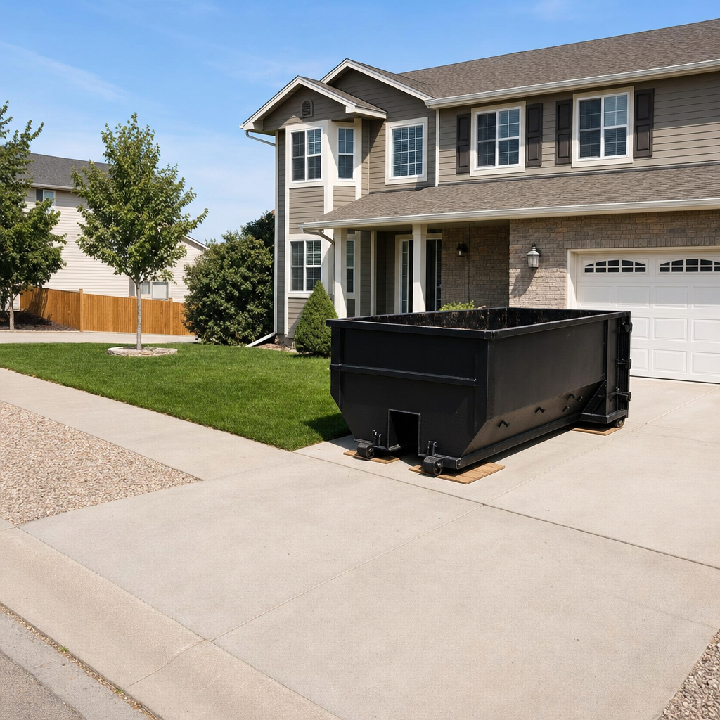 10-yard matte-black residential dumpster placed directly on a narrow Prairieville concrete driveway, room remains for a parked sedan beside it, mid-morning natural light