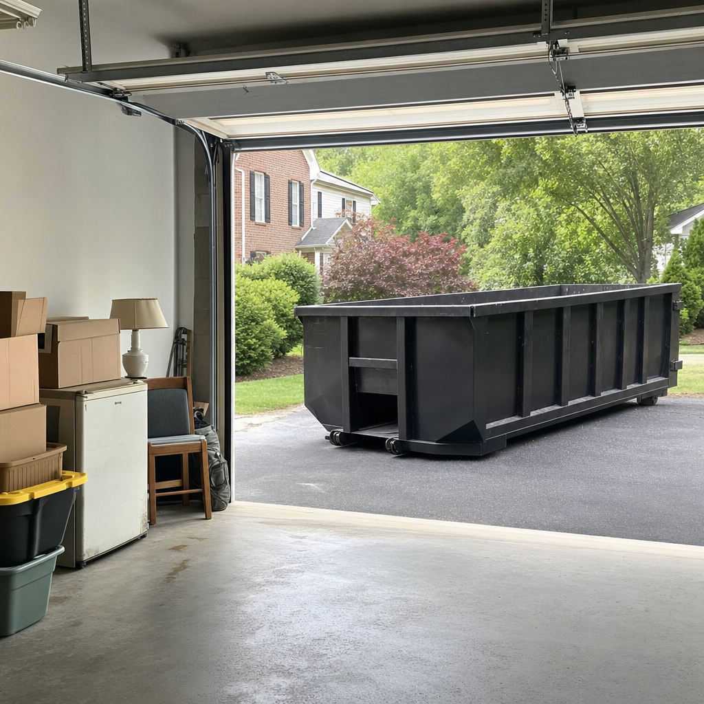 Open garage interior in a Prairieville home mid-cleanout — boxed items, an old appliance, and stacked yard tools queued near the driveway for a matte-black roll-off dumpster, organized and calm