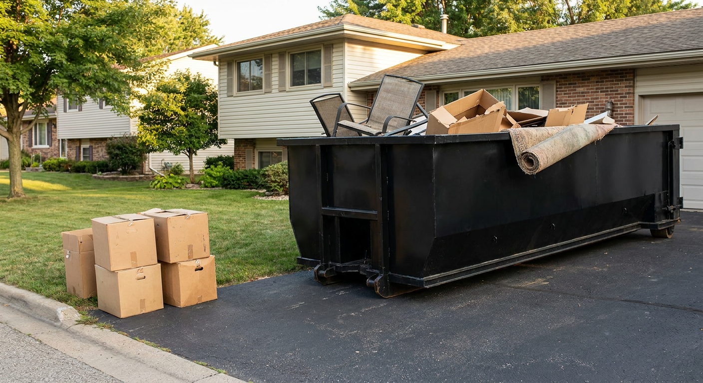 Front-yard view of a Prairieville split-level home with a 20-yard matte-black roll-off dumpster sitting directly on the asphalt driveway, a few clearly labeled donation boxes staged at the curb, calm sunny afternoon.