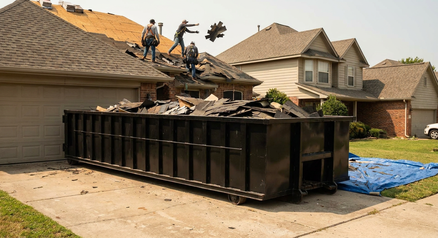 Matte-black roofing roll-off dumpster placed directly on a Prairieville residential concrete driveway, a tear-off crew on a two-story asphalt-shingle roof tossing shingle bundles into the low-walled container, bright daylight, documentary 35mm perspective.
