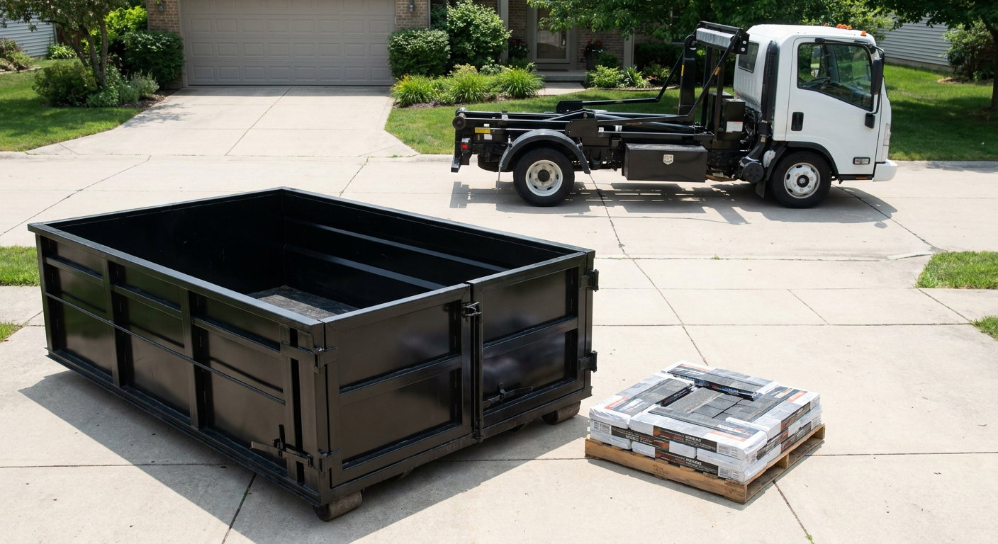 Matte-black 15-yard roofing roll-off dumpster with reinforced low side walls sitting directly on a Prairieville residential concrete driveway, three-tab asphalt shingle bundles stacked nearby, an unmarked white hauler truck partially visible at the edge of the frame.