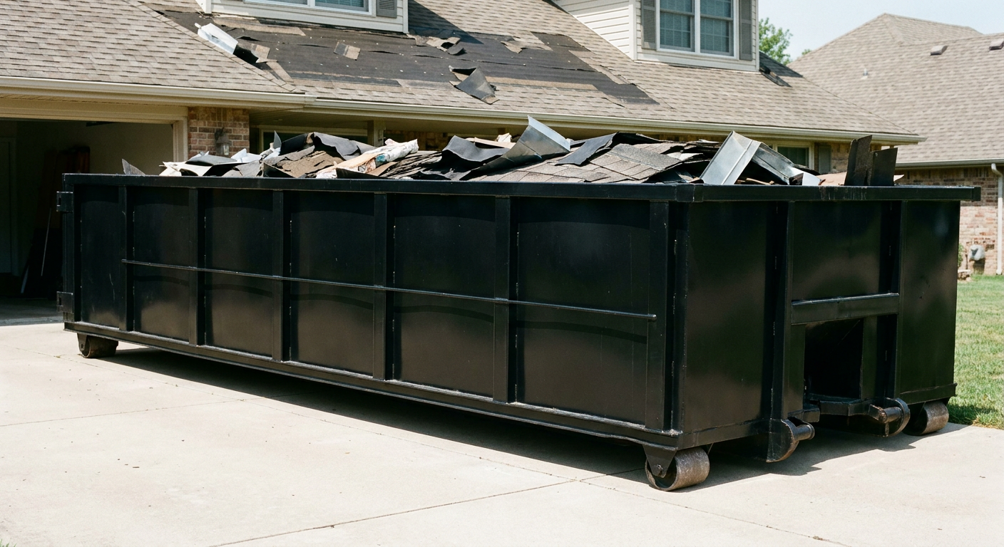 Matte-black 20-yard roofing roll-off dumpster with steel ribbed sides and swinging rear door, sitting directly on the concrete driveway of a two-story Prairieville home, asphalt shingle debris being loaded over the low wall, clean documentary lighting.