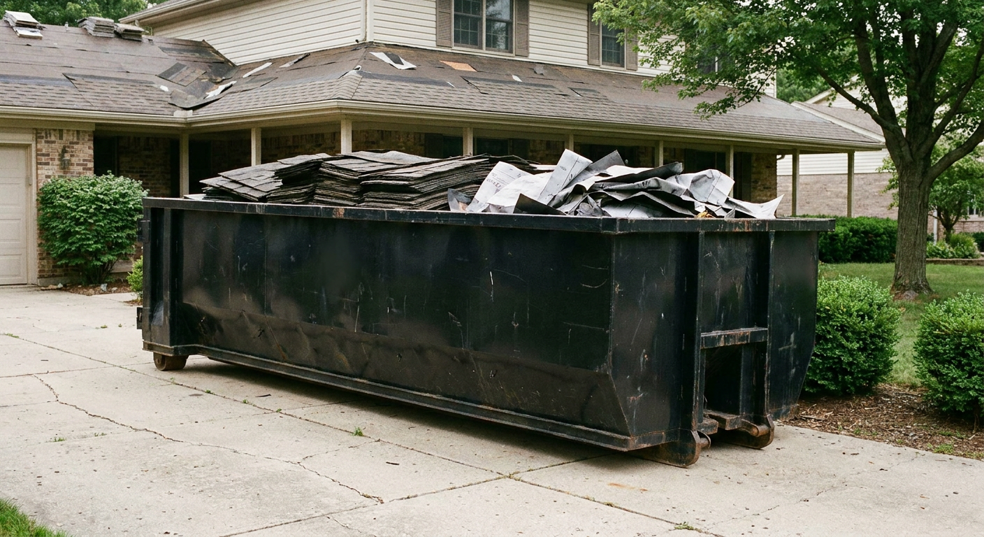 Matte-black 30-yard roofing roll-off dumpster sitting directly on a Prairieville concrete driveway, taller ribbed steel side panels, mixed tear-off debris of asphalt shingles and underlayment inside, professional documentary daylight.