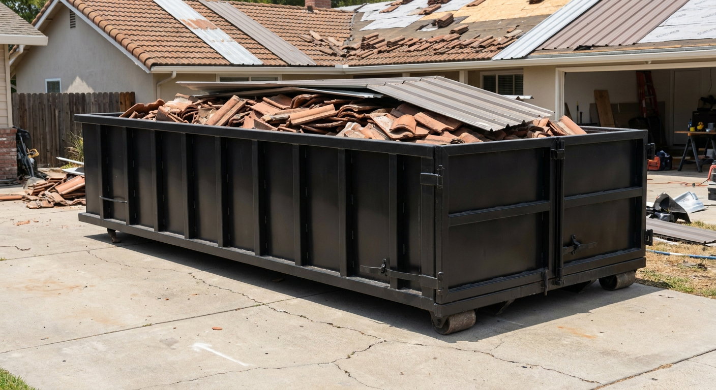 Matte-black low-wall heavy-debris roofing roll-off dumpster sitting directly on a Prairieville concrete driveway, broken concrete clay roof tiles and metal panel sections loaded inside, reinforced ribbed steel side walls visible, bright outdoor daylight.