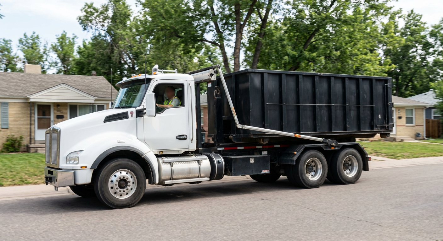 A wide documentary shot of a matte-black roll-off delivery truck pulling onto a quiet Prairieville residential street at mid-morning, with neighborhood rooftops and tree-lined blocks visible behind, showing the metro coverage footprint.