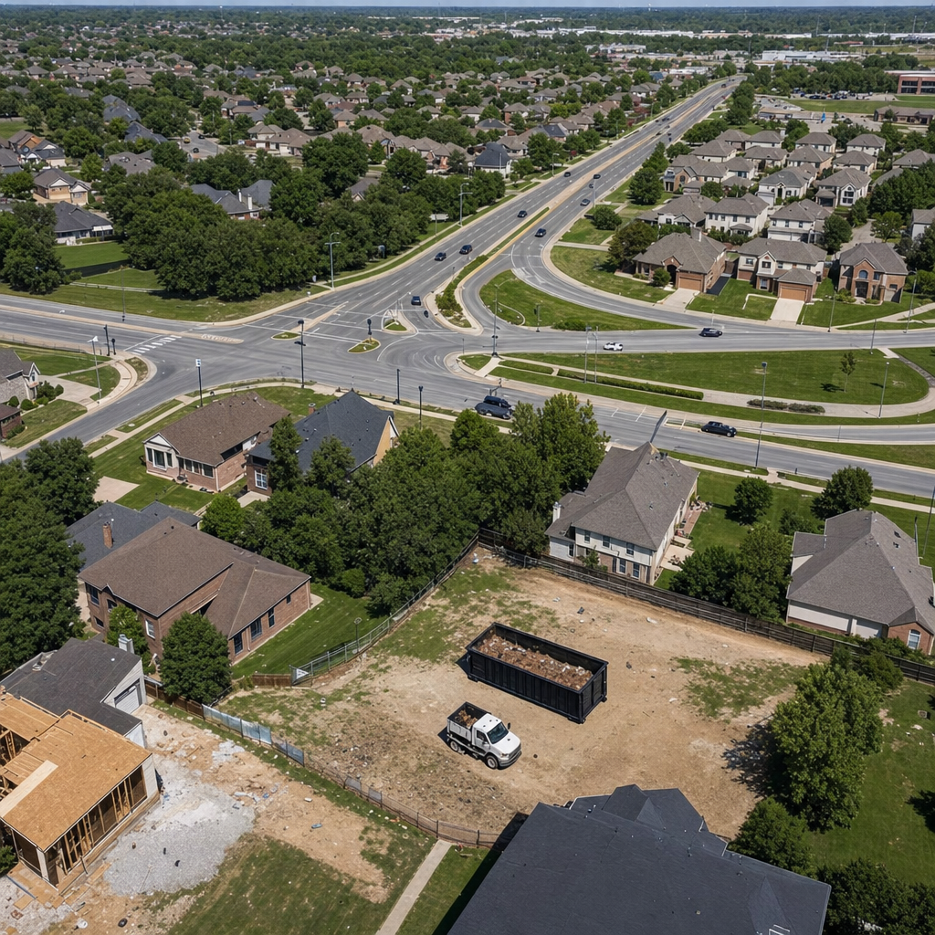 An overhead documentary view of the Prairieville metro area at midday, showing the spread of neighborhoods, arterial roads, and the dispatch radius from a central yard — clean daylight, organized geographic layout.