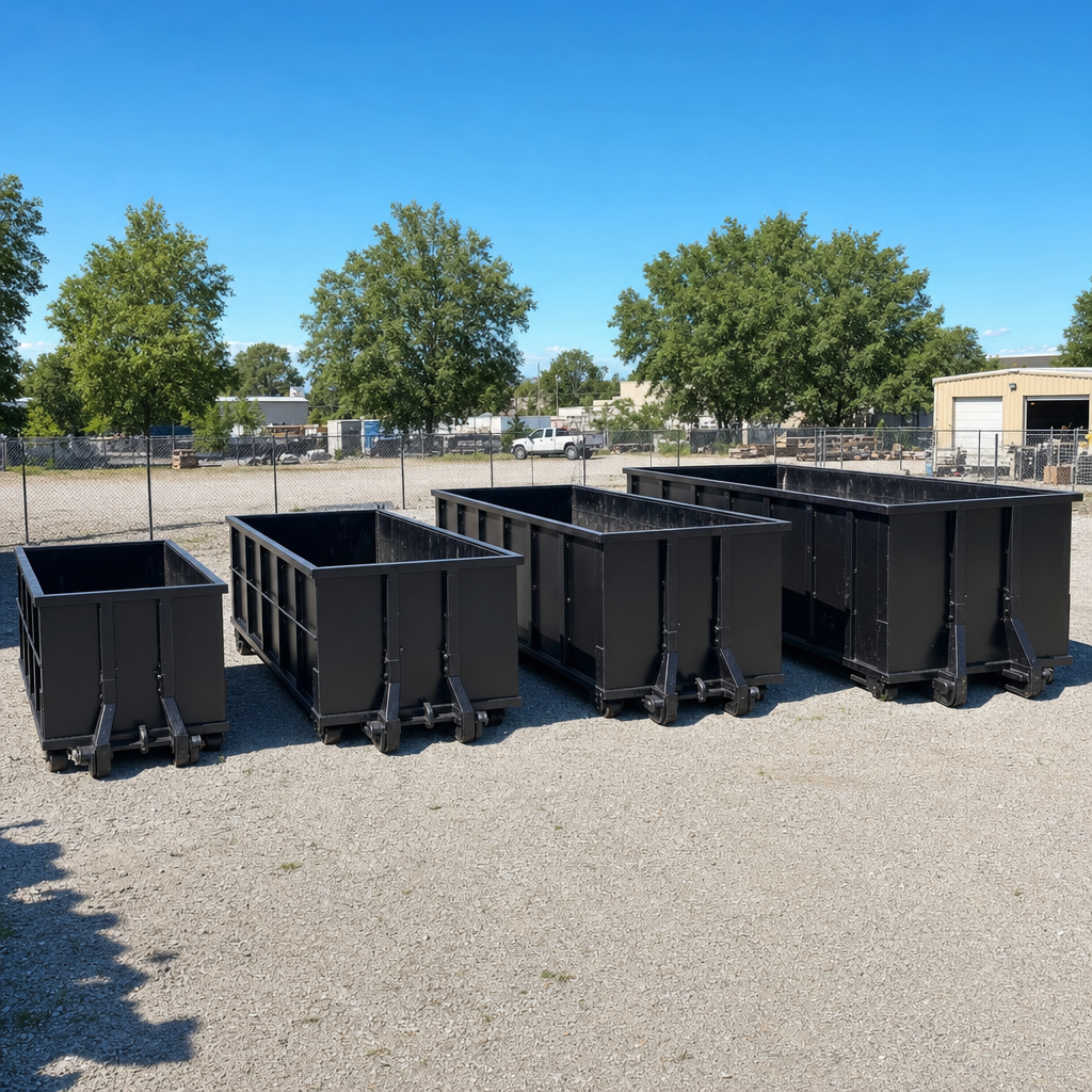 A clean lineup of matte-black roll-off dumpsters in 10, 20, 30, and 40-yard sizes staged on a sunlit gravel yard in Prairieville, showing the size progression from compact to commercial-scale containers.