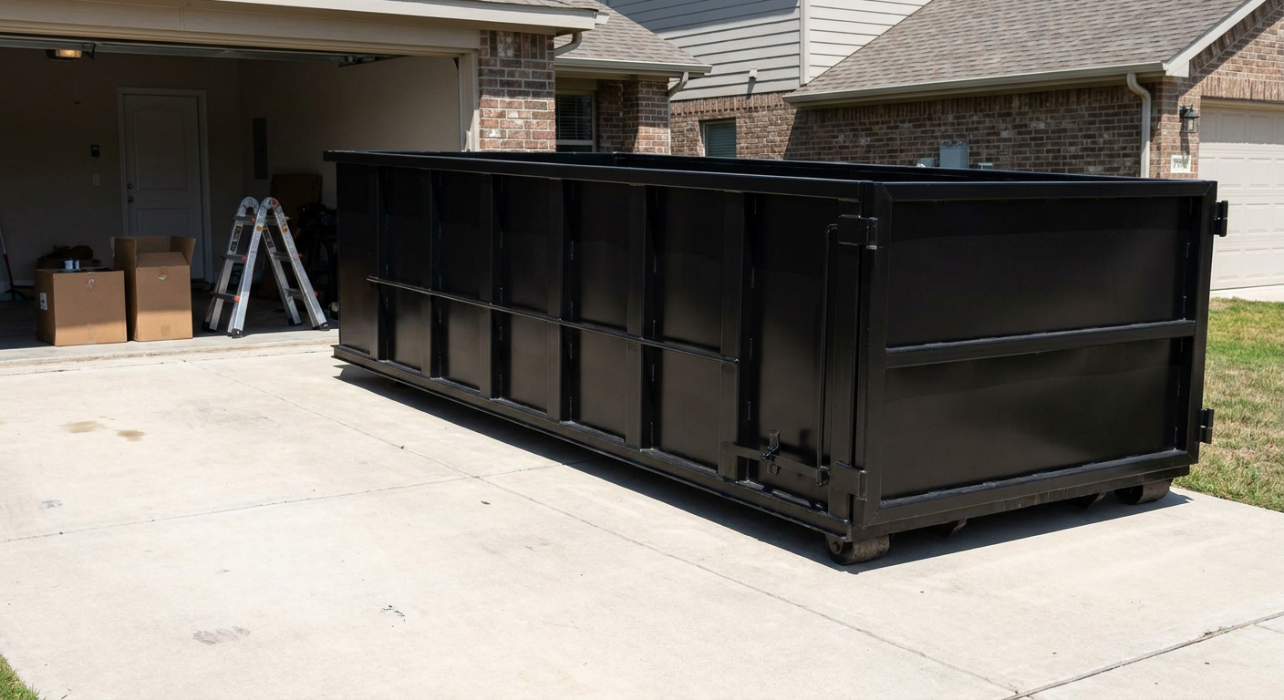A matte-black 10-yard roll-off dumpster sitting directly on a residential Prairieville concrete driveway, mid-day sunlight, clean and ready for a garage cleanout.