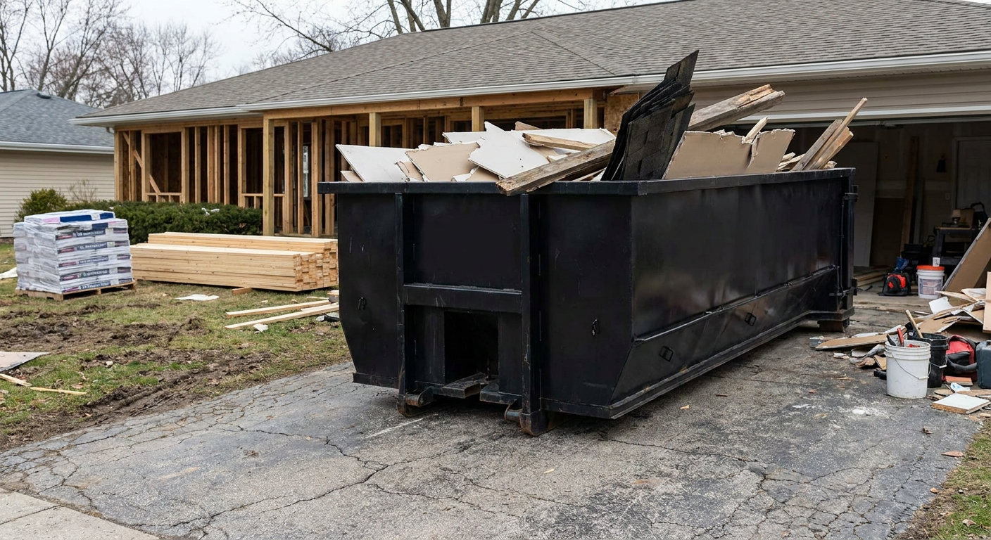 A matte-black 20-yard roll-off dumpster placed alongside a mid-renovation Prairieville home directly on the asphalt driveway, with framing materials and torn-off shingles staged neatly nearby.