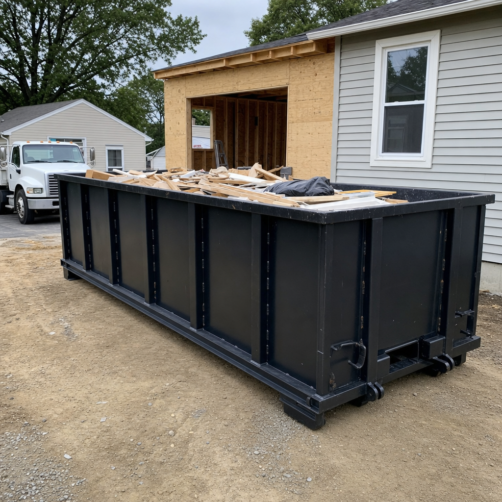 A matte-black 30-yard roll-off dumpster positioned at a Prairieville residential addition jobsite, with framing lumber and drywall scraps loaded through the open swinging rear doors.