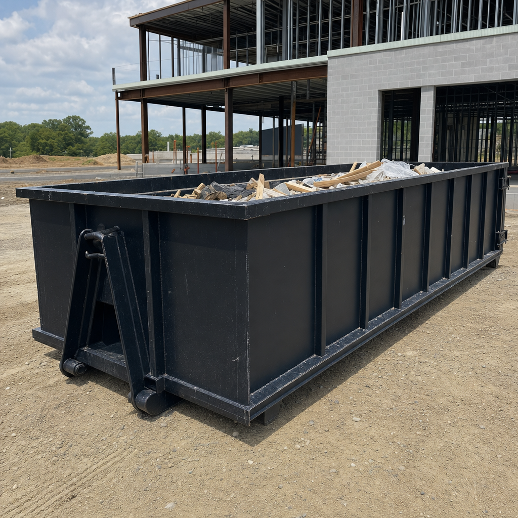 A matte-black 40-yard roll-off dumpster staged on a large Prairieville commercial construction lot, with a hooklift delivery truck parked alongside under bright midday sky.