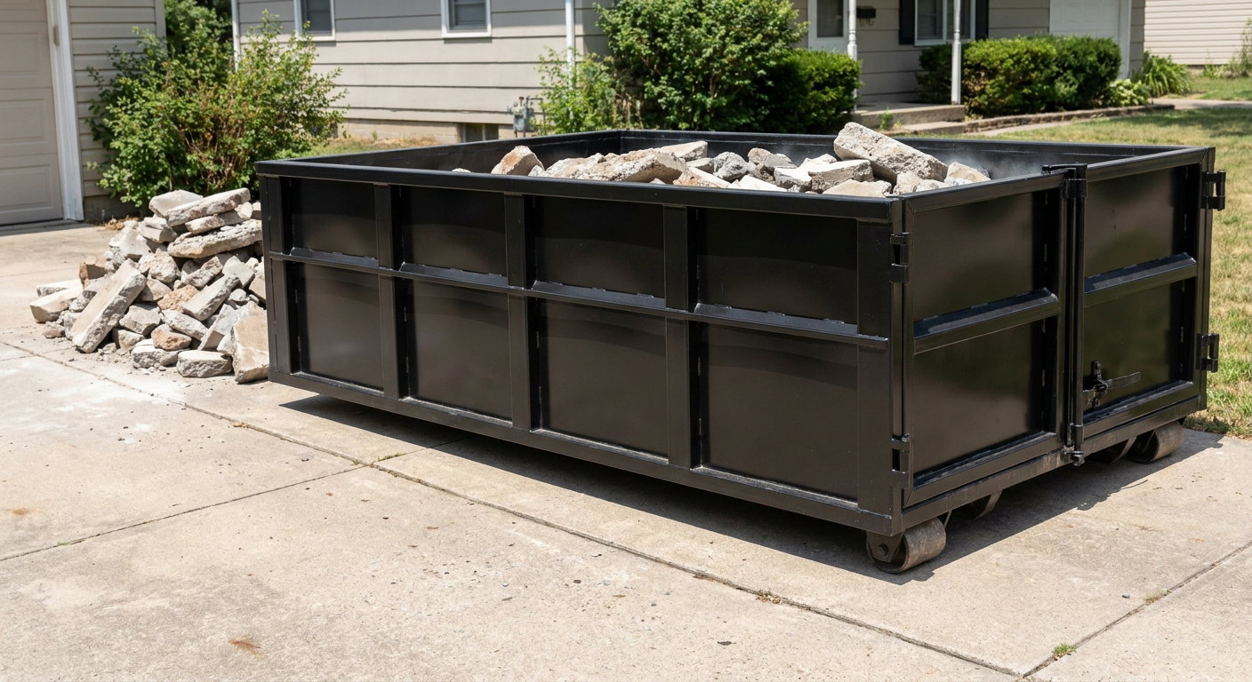 A matte-black low-side heavy-debris roll-off dumpster placed directly on a Prairieville concrete driveway, with broken concrete chunks neatly stacked beside it under clean daylight.